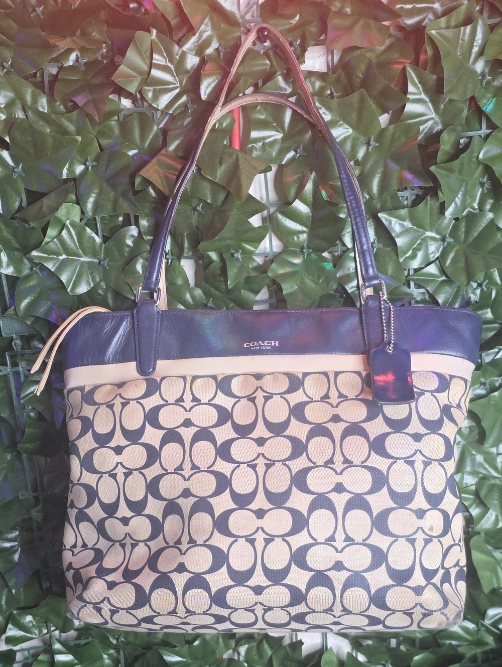 Coach Canvas Tote with Navy Trim and Cream Signature Print